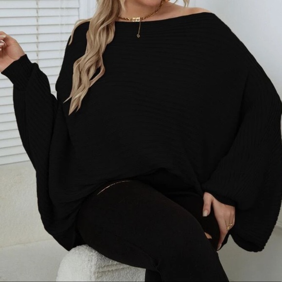 Black plus size dolman sleeve ribbed knit sweater - Picture 6 of 16